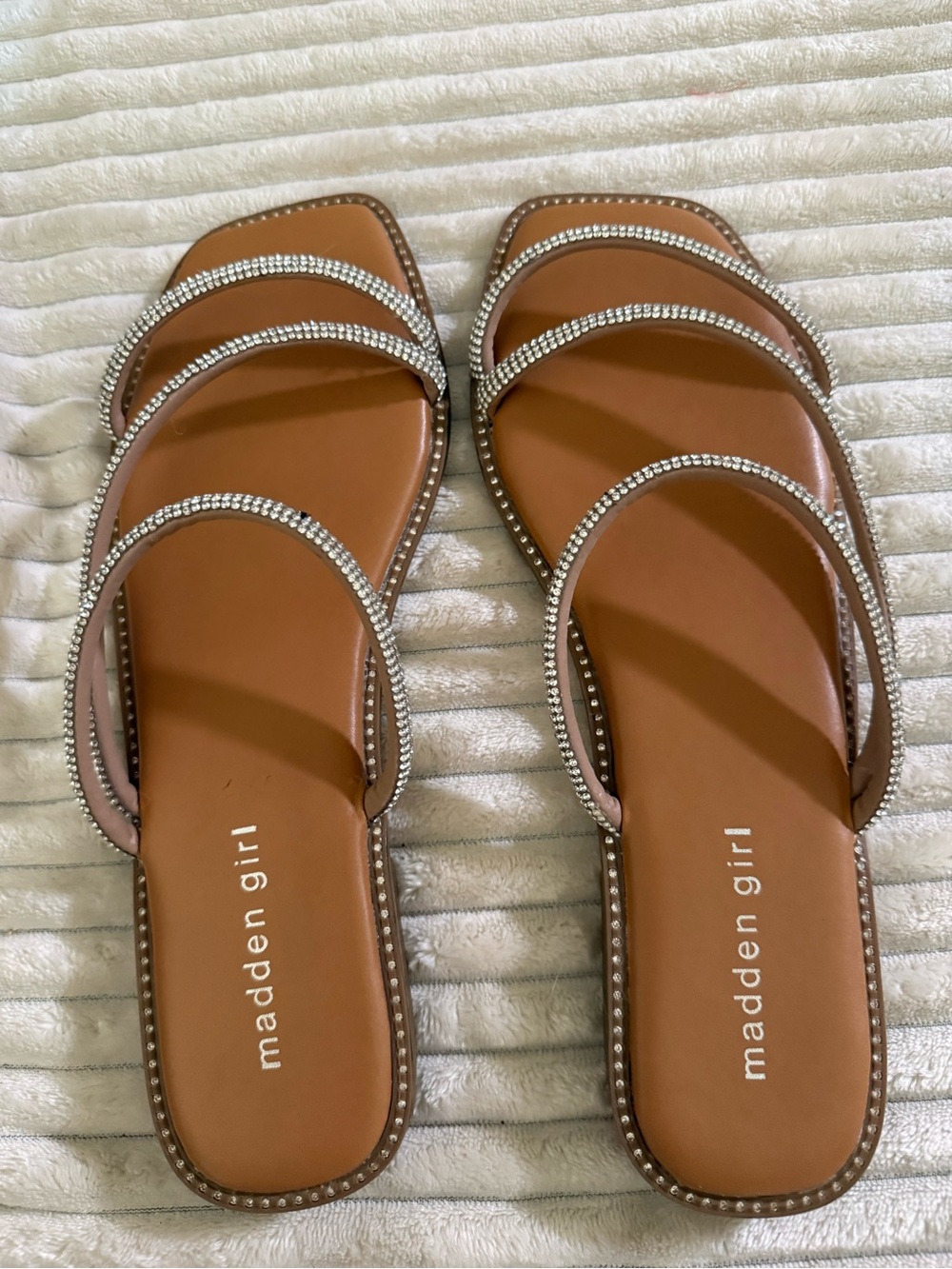 Madden Girl Brown Triple-Strap Rhinestone Slide Sandals